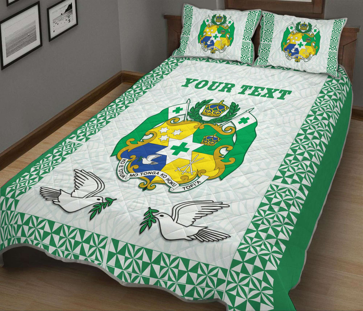Personalised Tonga Quilt Bed with Coat of Arm Green Style LT9 Style 2 - Polynesian Pride