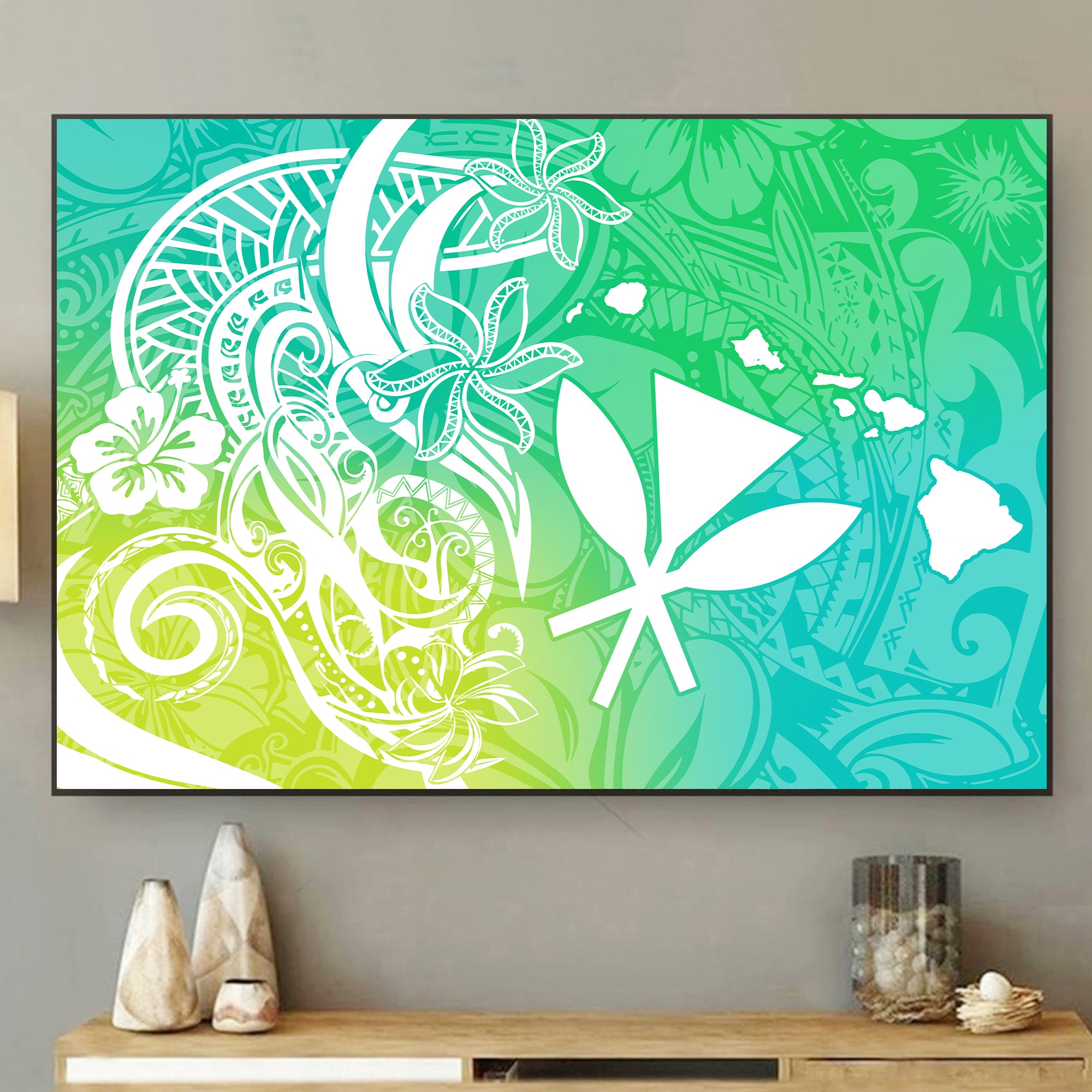 Polynesian Tribal Plumeria and Hawaii Kanaka Maoli Canvas Wall Art Green Gradient Version LT9 - Polynesian Pride