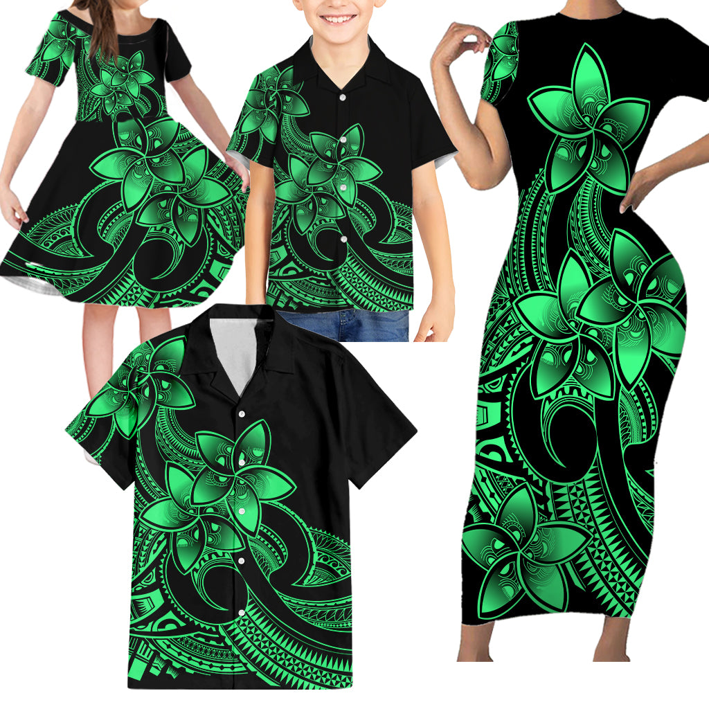 Polynesian Matching Outfit For Family Plumeria Flowers Bodycon Dress Hawaiian Shirt Polynesian Tribal Green Vibe LT9 - Polynesian Pride