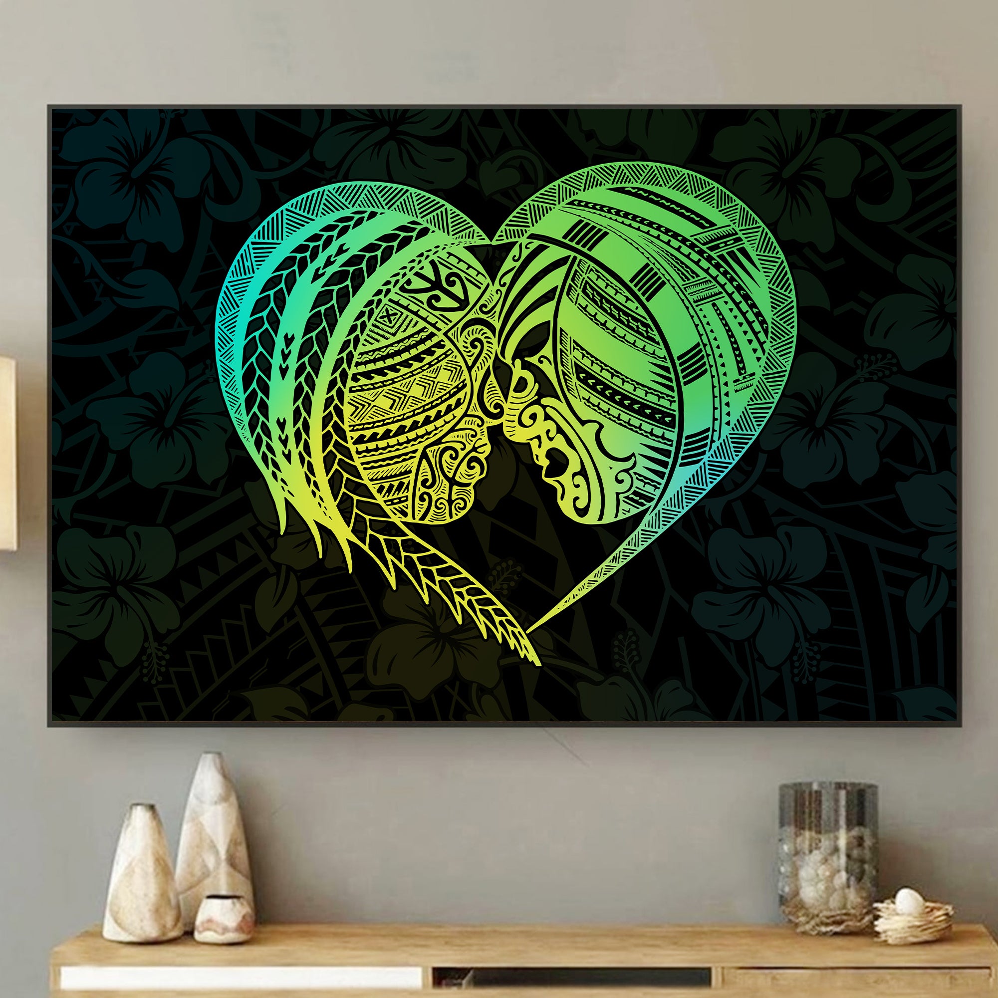 Polynesian Tribal Heart Tattoo Canvas Wall Art Gradient Green Version LT9 - Polynesian Pride