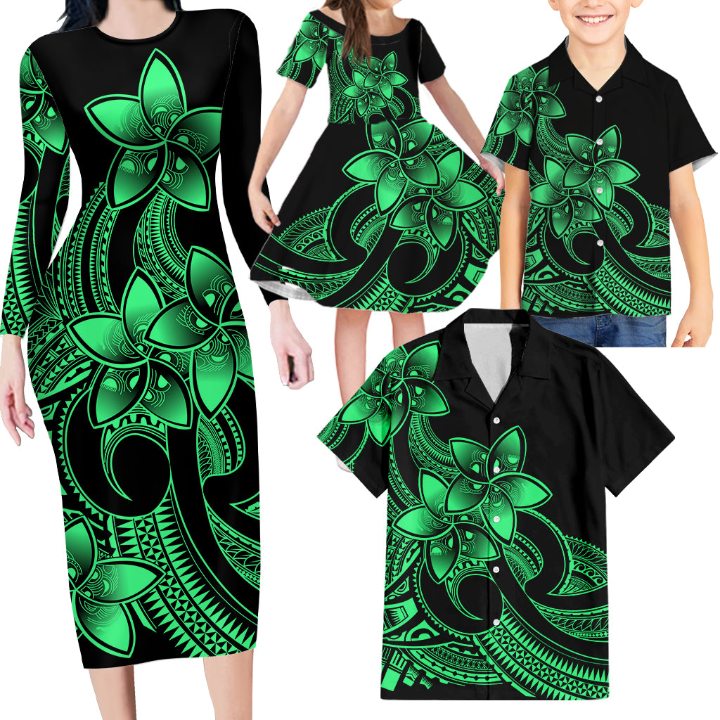 Polynesian Matching Outfit For Family Plumeria Flowers Long Sleeve Bodycon Dress Hawaiian Shirt Polynesian Tribal Green Vibe LT9 - Polynesian Pride