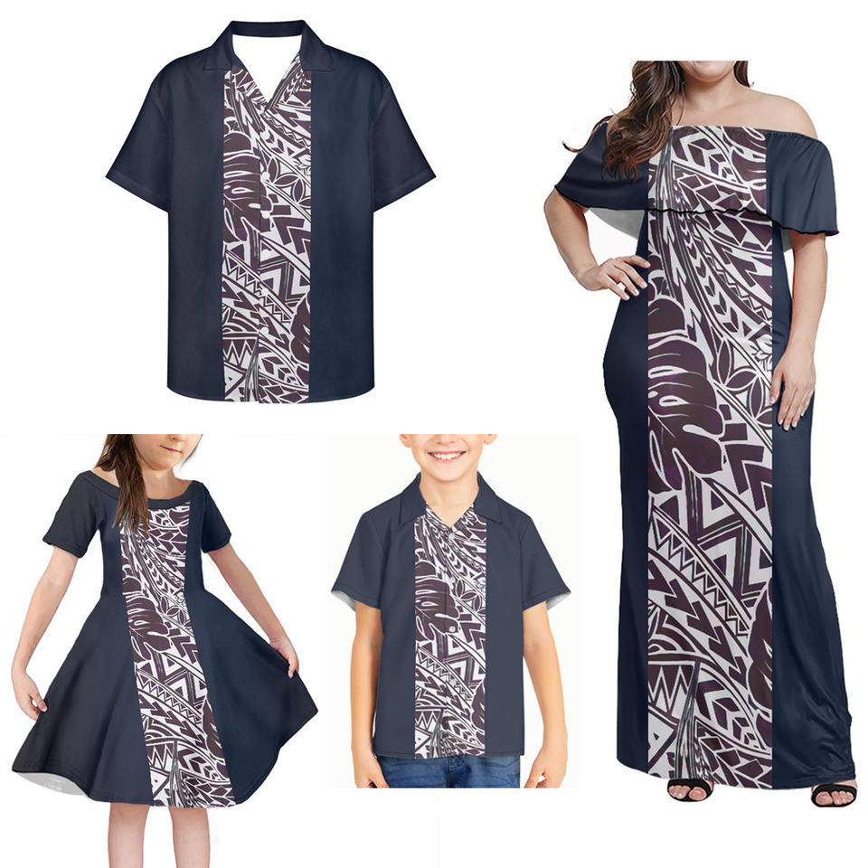 Black Family Matching Outfit Hawaii Tropical Polynesian Tribal Off Shoulder Long Sleeve Dress And Shirt - Polynesian Pride