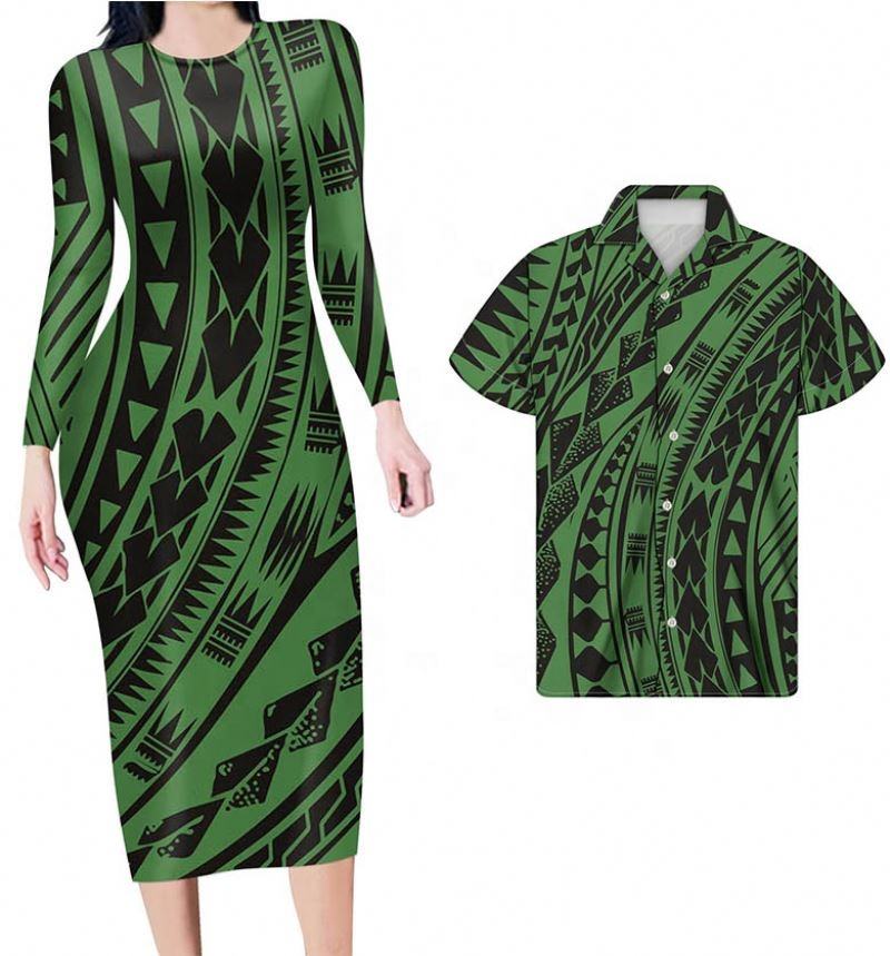 Polynesian Pride Hawaii Matching Clothes For Couples Polynesian Tribal Green Bodycon Dress And Summer Hawaii Shirt - Polynesian Pride