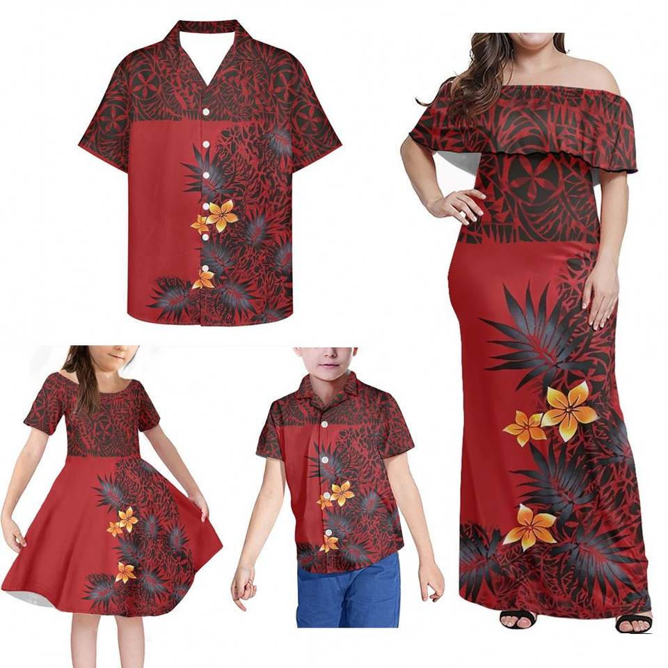 Hawaii Plumeria Red Family Matching Outfit Polynesian Off Shoulder Long Sleeve Dress And Shirt - Polynesian Pride