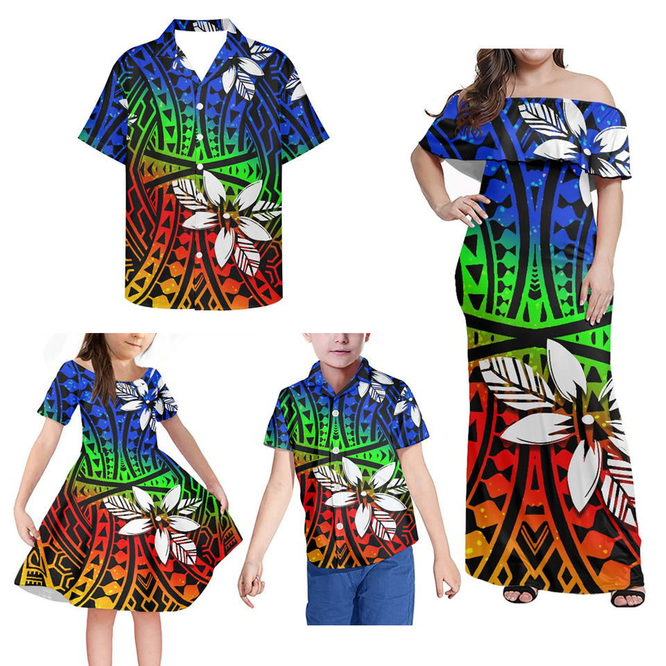 Colorful Hawaii Matching Clothes For Family Polynesian Tribal Off Shoulder Long Sleeve Dress And Shirt - Polynesian Pride