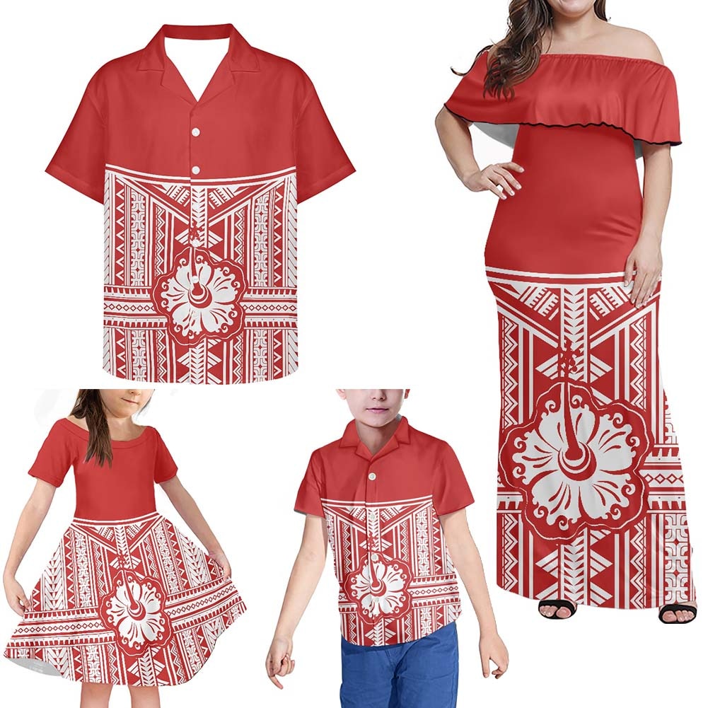 Polynesian Family Matching Outfit Hibiscus Polynesian Tribal Off Shoulder Long Sleeve Dress And Shirt - Polynesian Pride