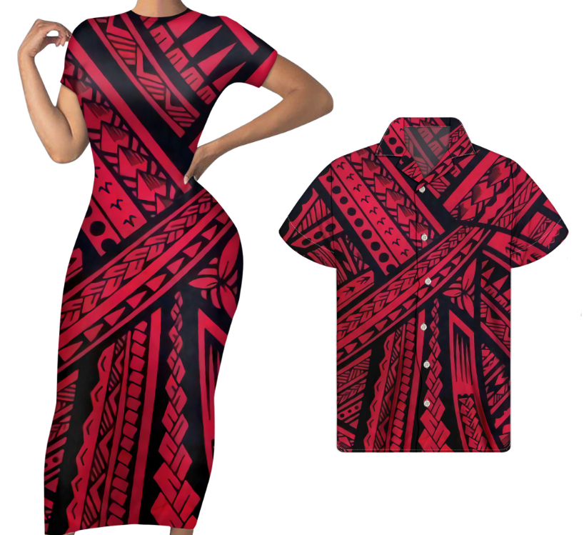 Polynesian Pride Hawaii Matching Outfit For Couples Polynesian Tribal Red Bodycon Dress And Hawaii Shirt - Polynesian Pride