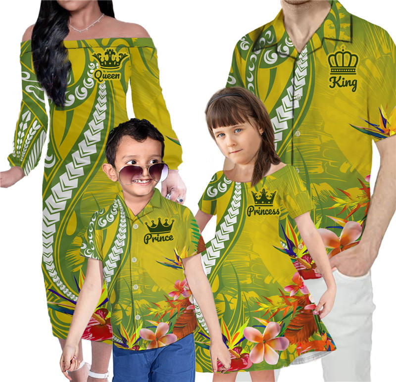 Hawaii Floral Plumeria Family Matching Outfits Polynesian King And Queen Style Off Shoulder Long Sleeve Dress And Shirt Family Set - Polynesian Pride