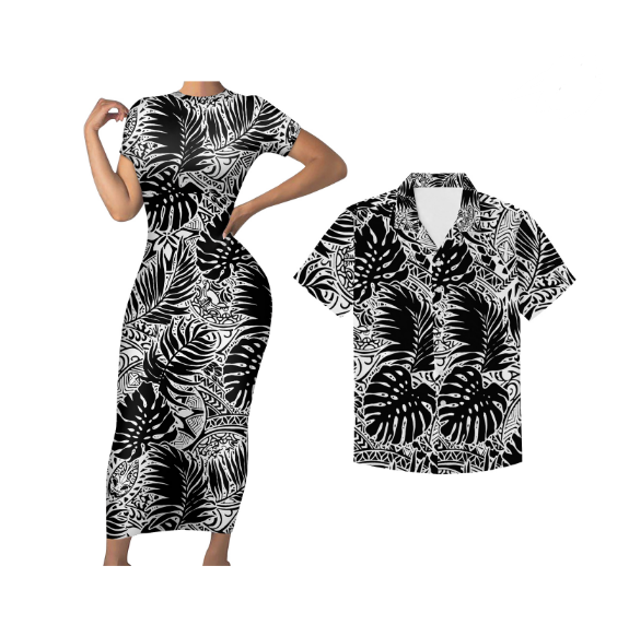 Polynesian Pride Matching Tropical Couple Outfits Hawaii Palm Leaf Black Bodycon Dress And Hawaii Shirt - Polynesian Pride