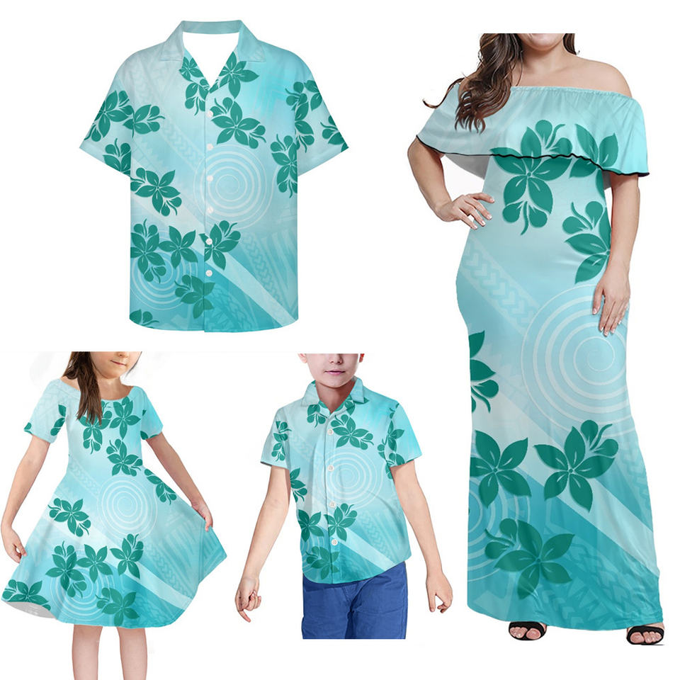 Hawaiian Matching Clothes For Family Polynesian Hawaii Floral Tropical Off Shoulder Long Sleeve Dress And Shirt - Polynesian Pride