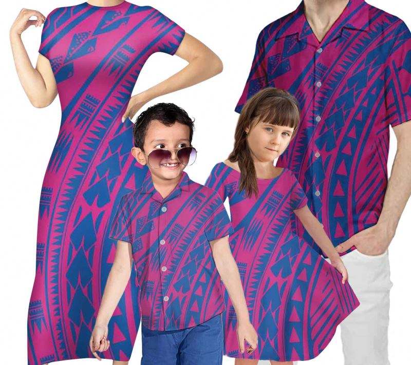 Hawaii Matching Outfit For Family Hawaiian Polynesian Tribal Colorful Bodycon Dress And Hawaii Shirt - Polynesian Pride