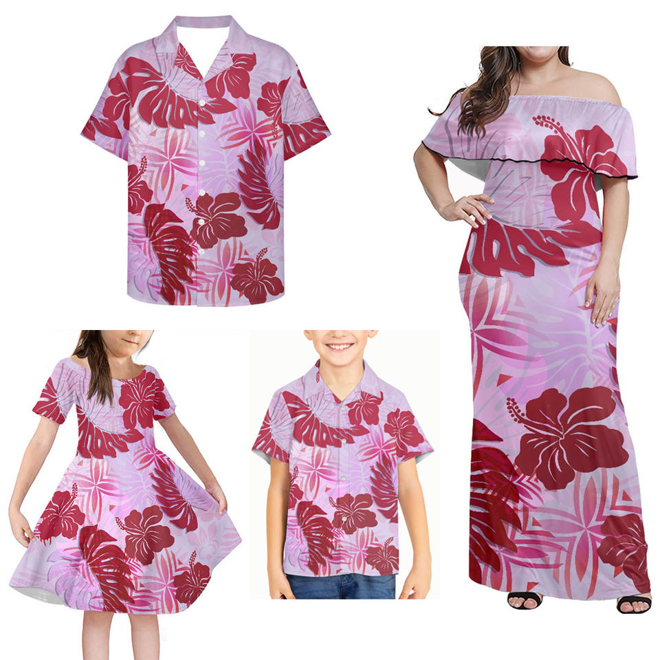 Polynesian Matching Clothes For Family Hawaii Hibiscus Flowers Off Shoulder Long Sleeve Dress And Shirt - Polynesian Pride