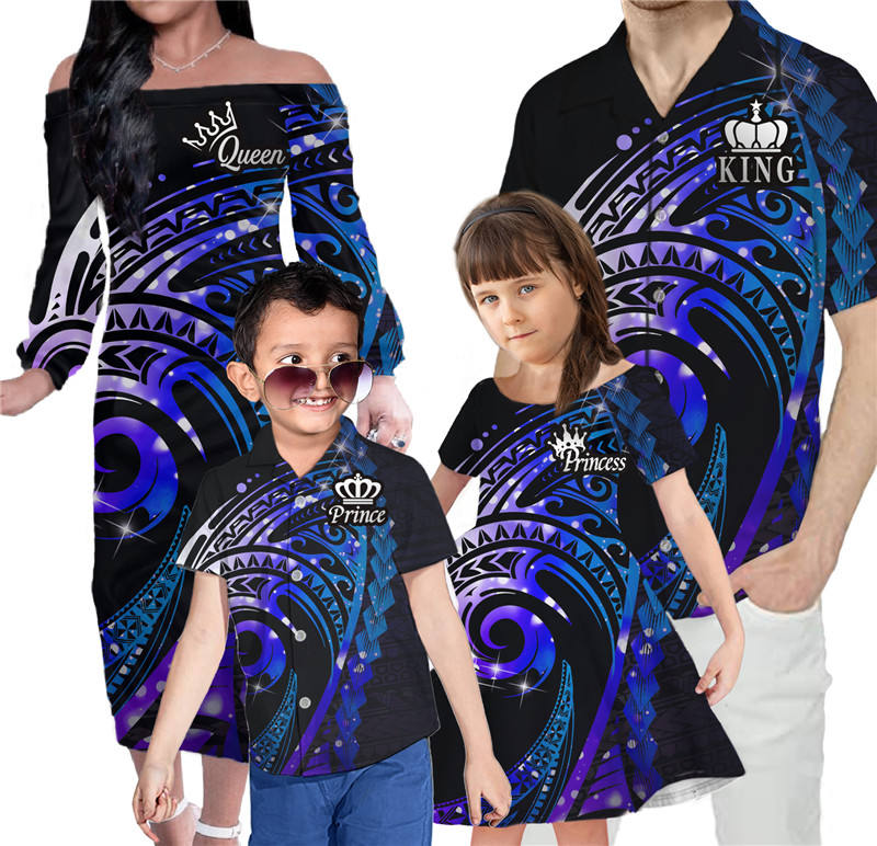 Hawaii Family Matching Outfits Polynesian Tribal Pattern King And Queen Style Off Shoulder Long Sleeve Dress And Shirt Family Set - Polynesian Pride