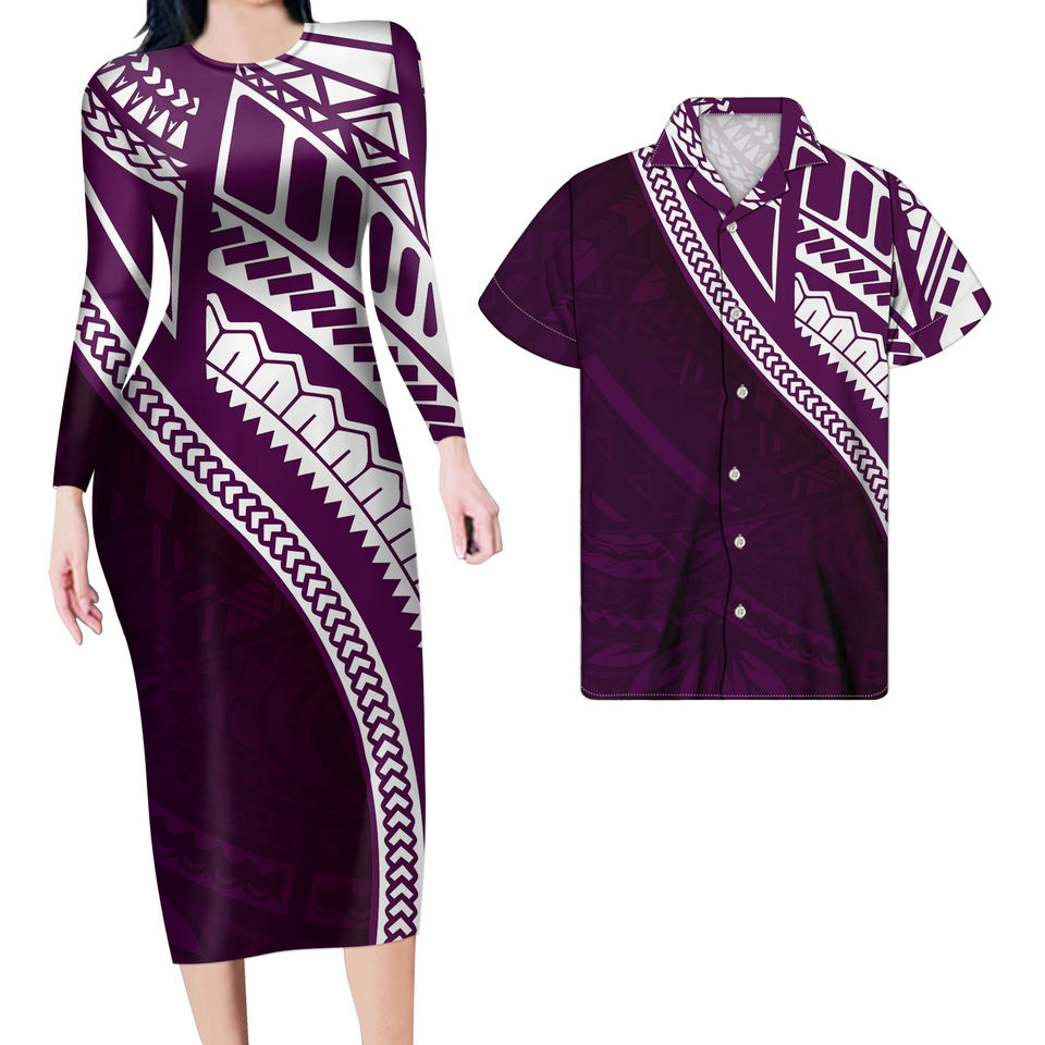 Purple Matching Outfit For Couples Hawaii Polynesian Tribal Bodycon Dress And Hawaii Shirt - Polynesian Pride