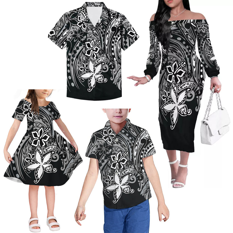 Black And White Polynesian Tribal Family Matching Outfits Hawaii Off Shoulder Long Sleeve Dress And Shirt - Polynesian Pride