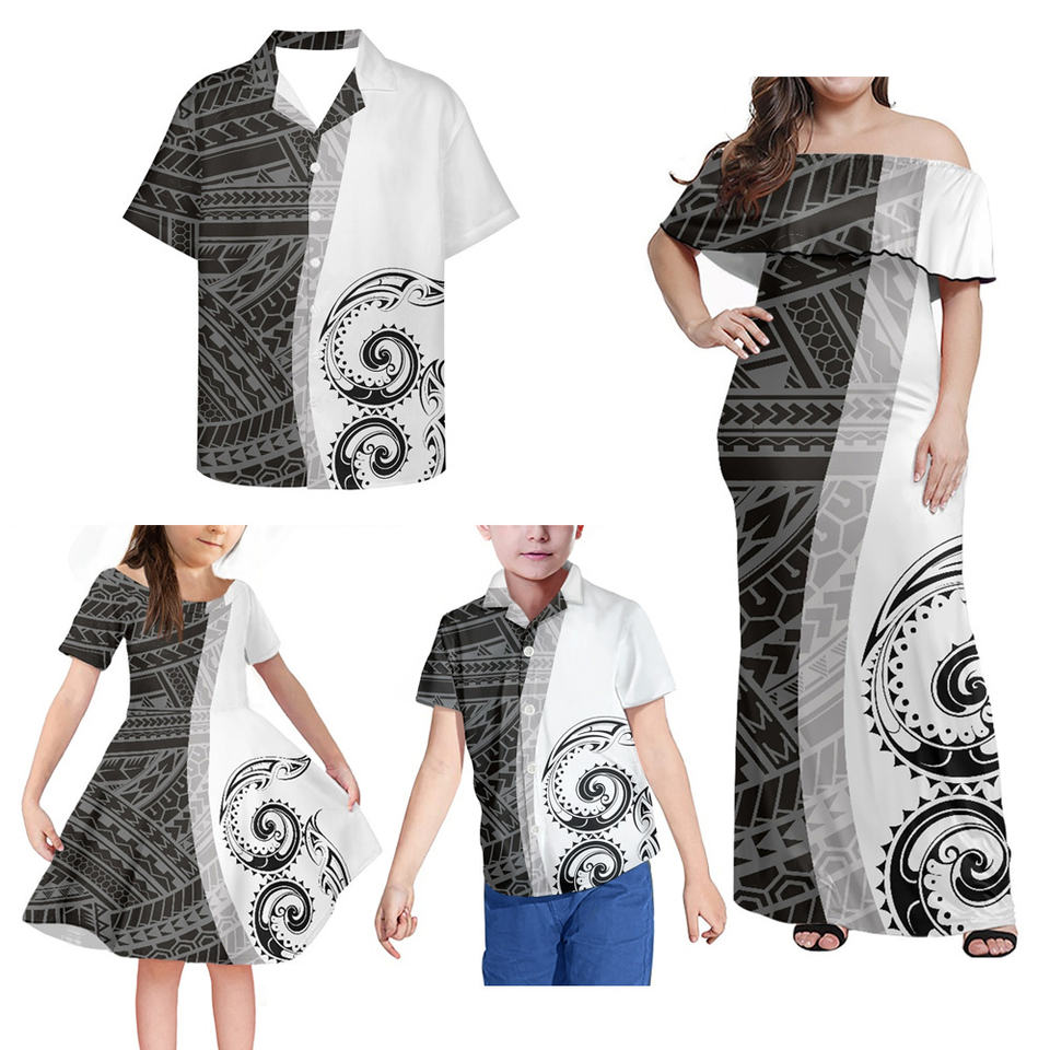 Black And White Polynesian Family Matching Outfit Polynesian Tribal Tattoo Print Off Shoulder Long Sleeve Dress And Hawaii Shirt - Polynesian Pride