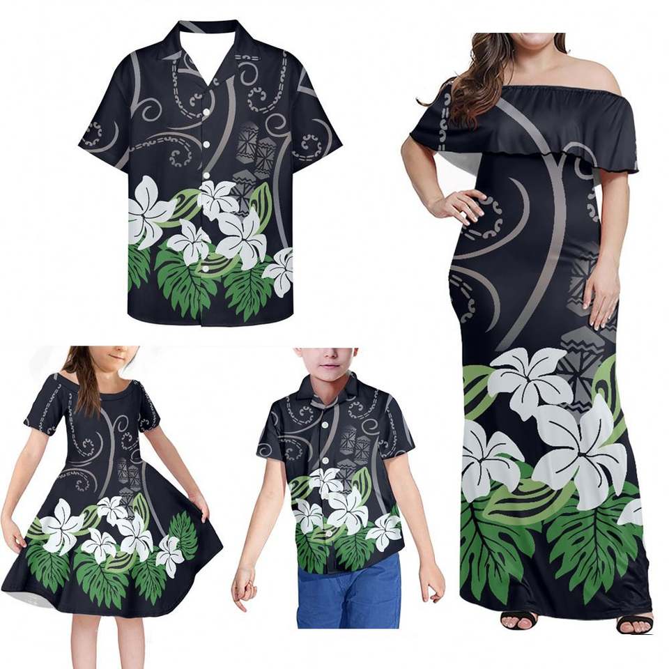 Hawaii Tropical Flowers Matching Clothes For Family Print Off Shoulder Long Sleeve Dress And Shirt - Polynesian Pride