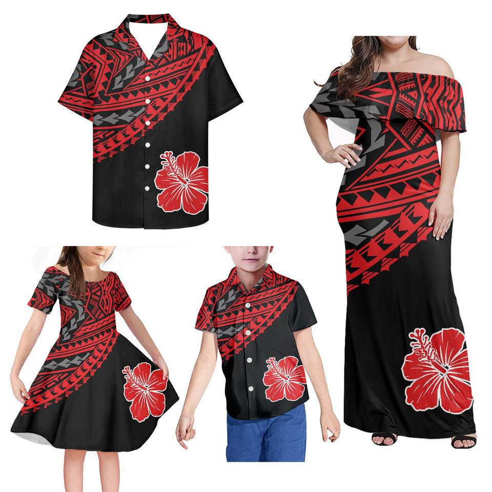 Black Family Matching Outfit Polynesian Tribal Pattern Hibiscus Flowers Off Shoulder Long Sleeve Dress And Shirt - Polynesian Pride