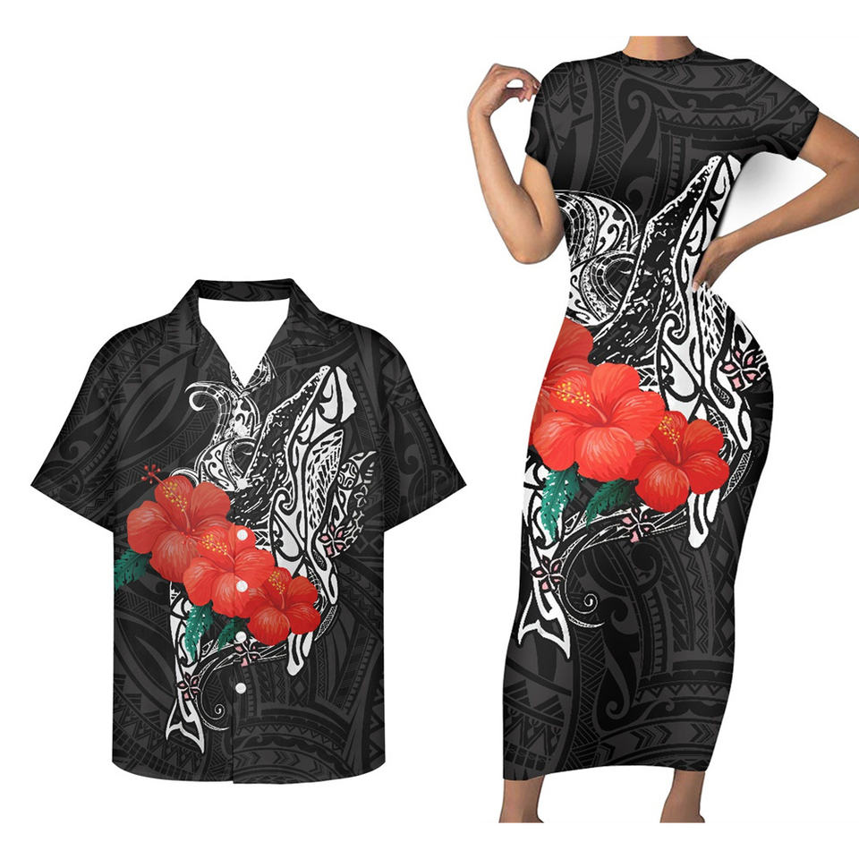 Hawaii Matching Outfit For Couples Red Hibiscus Polynesian Tribal Shark Bodycon Dress And Hawaii Shirt - Polynesian Pride