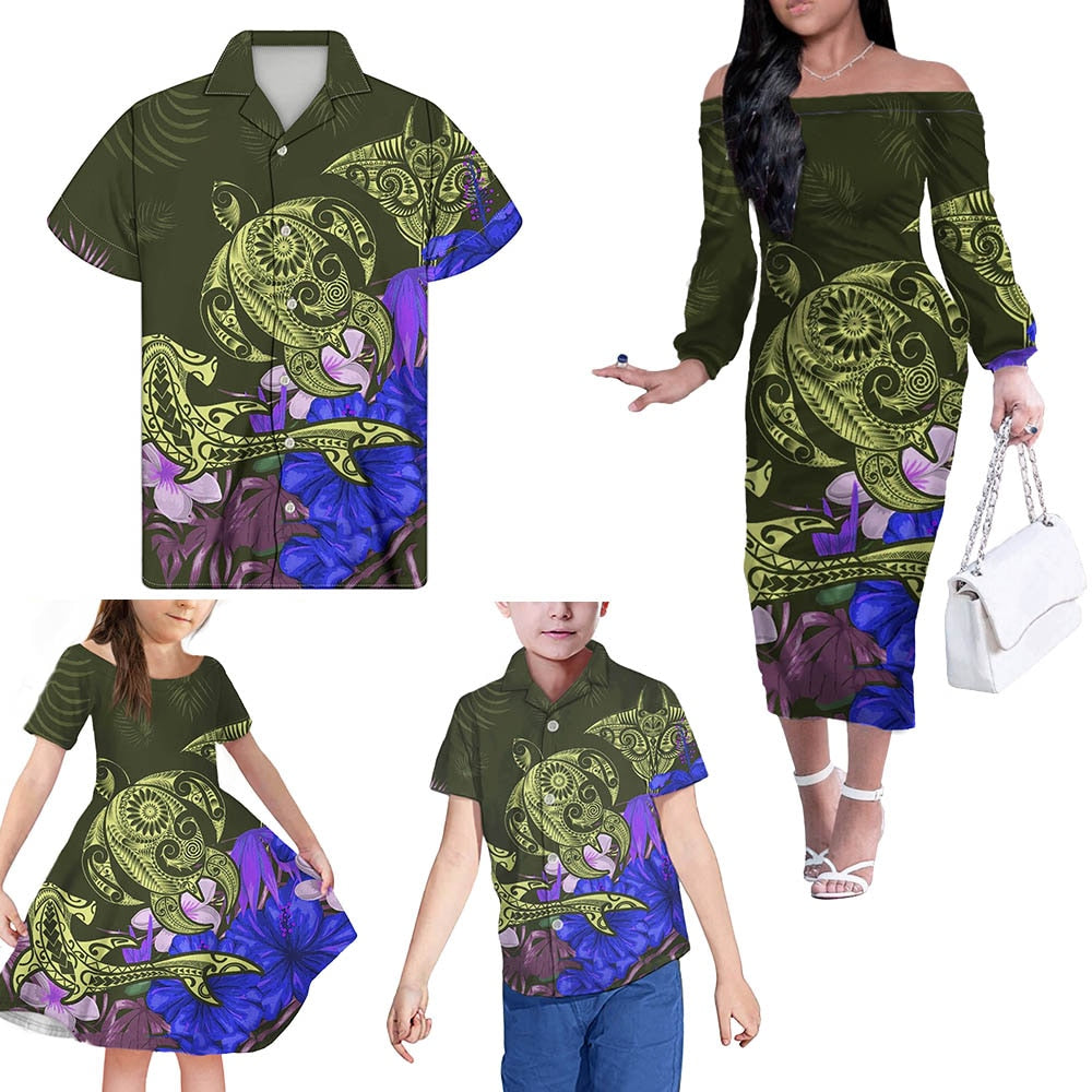 Polynesian Family Matching Outfits Polynesian Tribal Hawaii Floral Off Shoulder Long Sleeve Dress And Shirt - Polynesian Pride