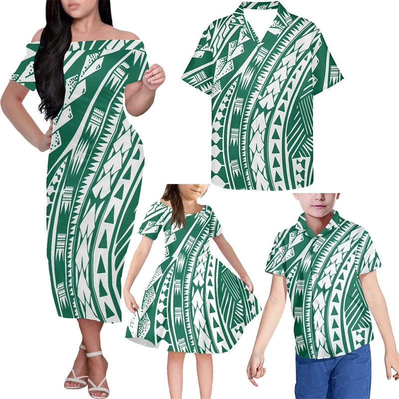 Green Polynesian Matching Clothes For Family Hawaii Polynesian Tribal Off Shoulder Long Sleeve Dress And Shirt - Polynesian Pride