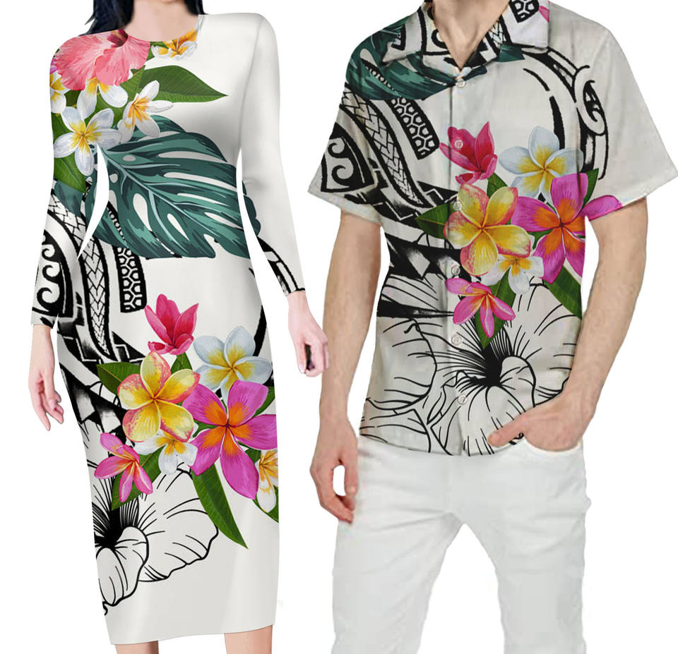 Hawaii Floral White Matching Outfit For Couples Hibiscus Flower Bodycon Dress And Hawaii Shirt - Polynesian Pride