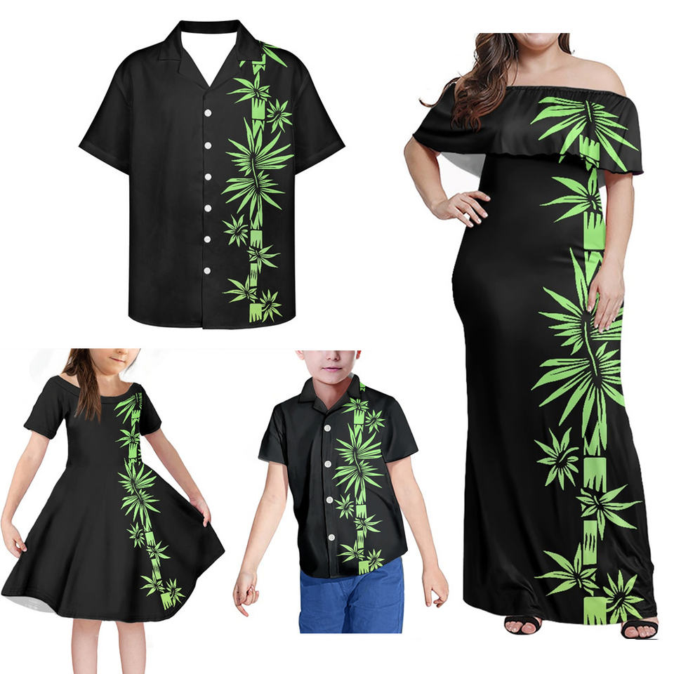 Polynesian Matching Clothes For Family Hawaii Tropical Print Off Shoulder Long Sleeve Dress And Shirt - Polynesian Pride