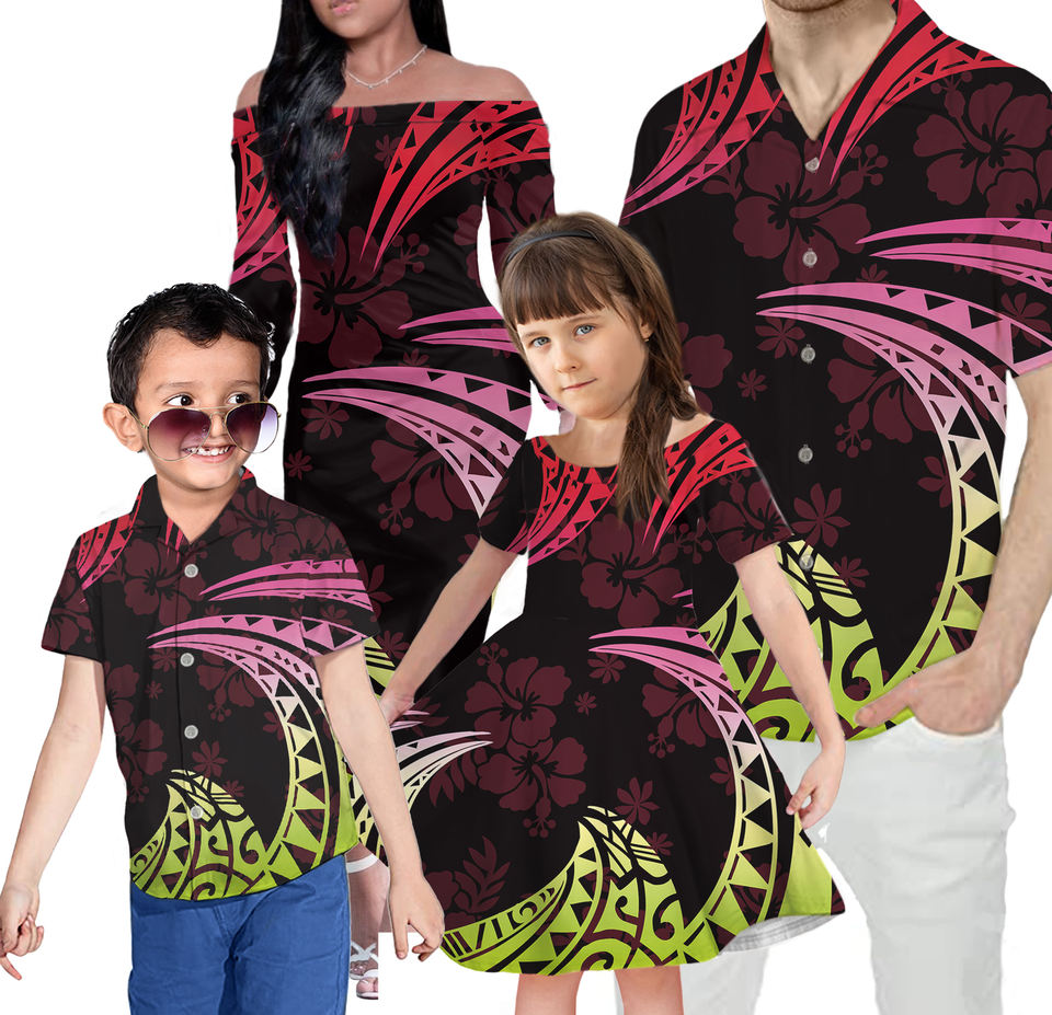 Hawaii Polynesian Tribal Family Matching Outfits Polynesian Colorful Off Shoulder Long Sleeve Dress And Shirt Family Set - Polynesian Pride