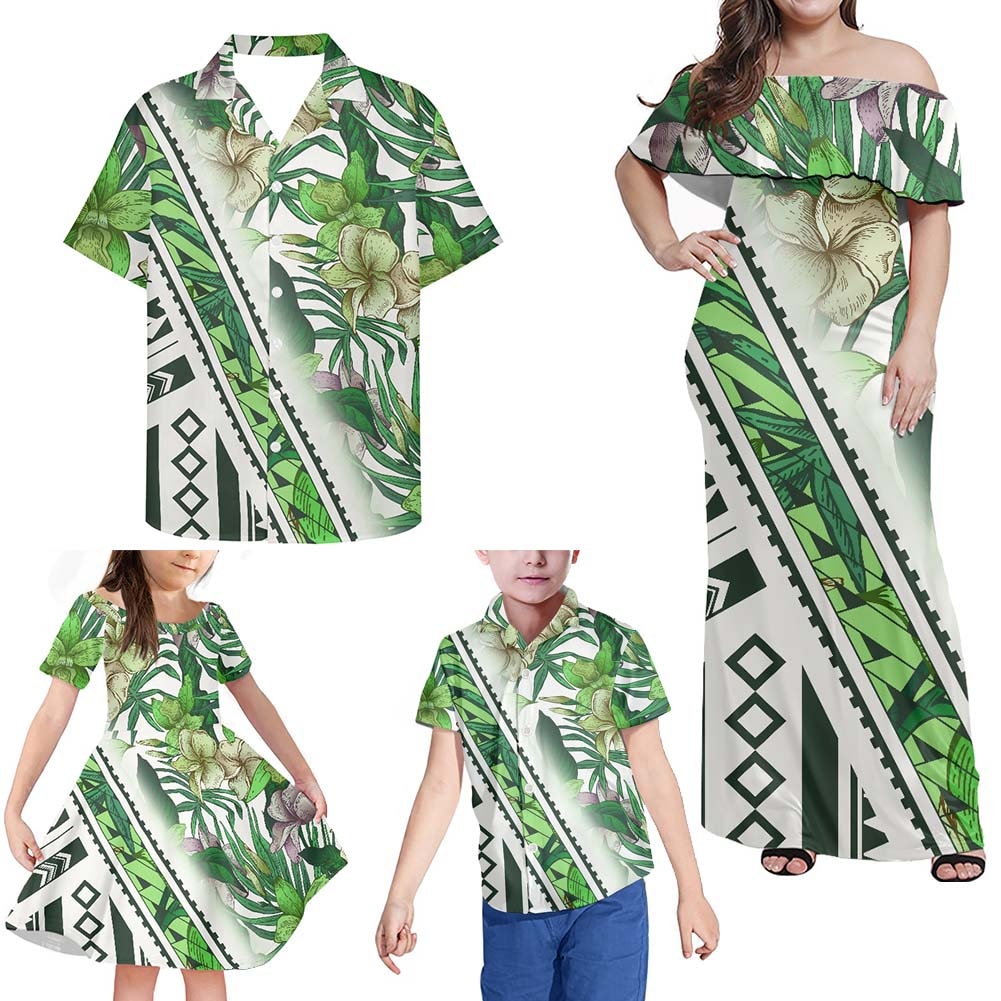 Samoan Tribal Family Matching Outfit Hawaii Flowers Off Shoulder Long Sleeve Dress And Shirt - Polynesian Pride
