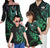 Polynesian Tribal Family Matching Outfits Polynesian King And Queen Style Green Off Shoulder Long Sleeve Dress And Shirt Family Set - Polynesian Pride