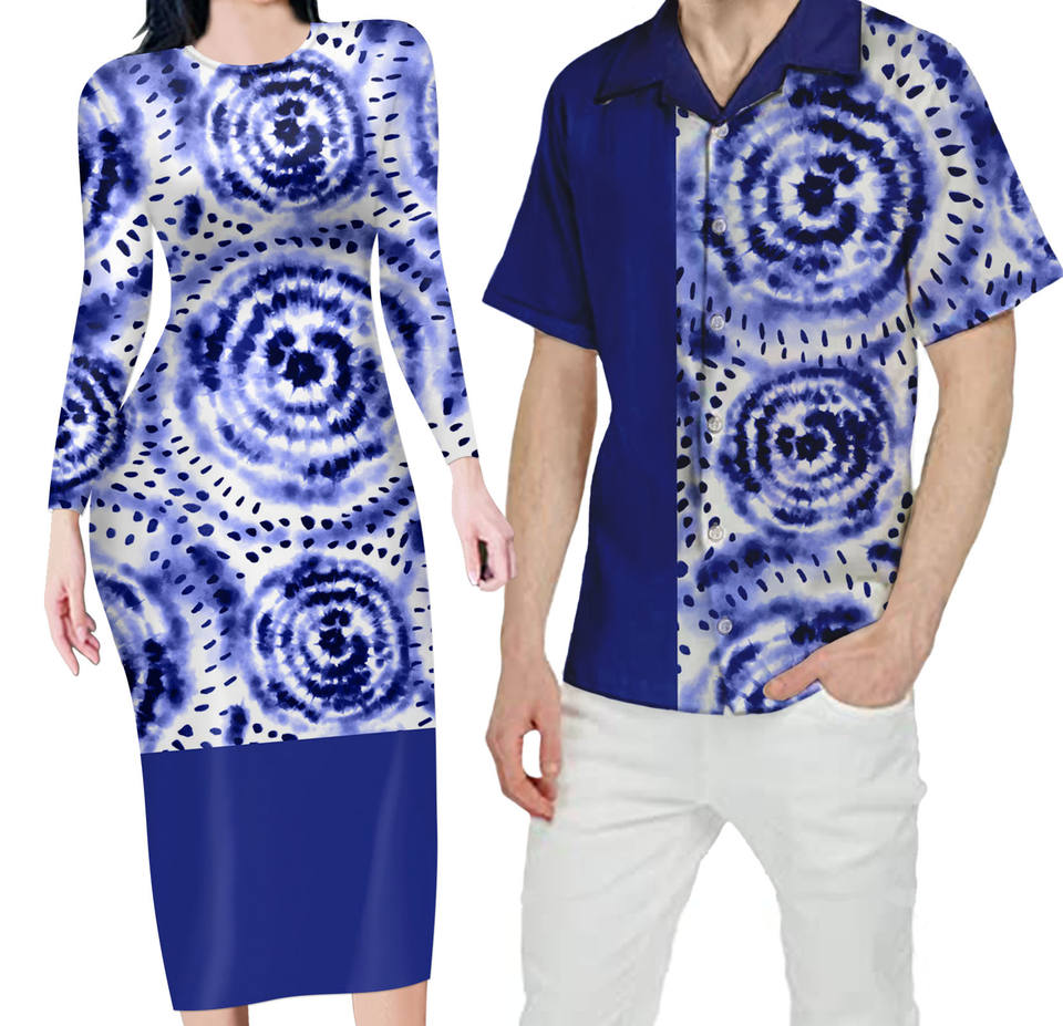 Blue Hawaiian Matching Clothes For Couples Half Style Bodycon Dress And Hawaii Shirt - Polynesian Pride