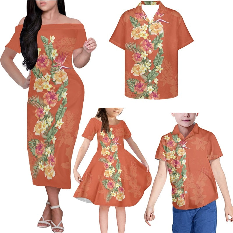 Hawaiian Family Matching Outfits Polynesian Floral Orange Off Shoulder Long Sleeve Dress And Shirt - Polynesian Pride