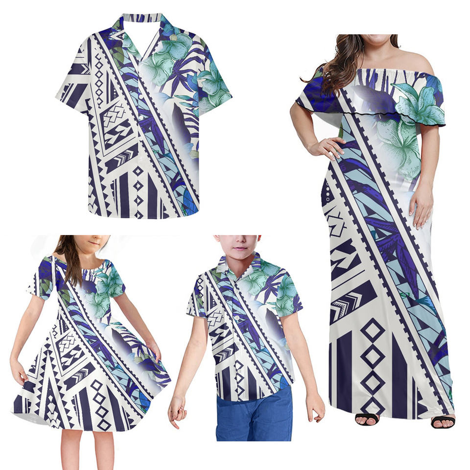 Hawaii White Matching Clothes For Family Polynesian Tribal Hawaii Floral Off Shoulder Long Sleeve Dress And Shirt - Polynesian Pride