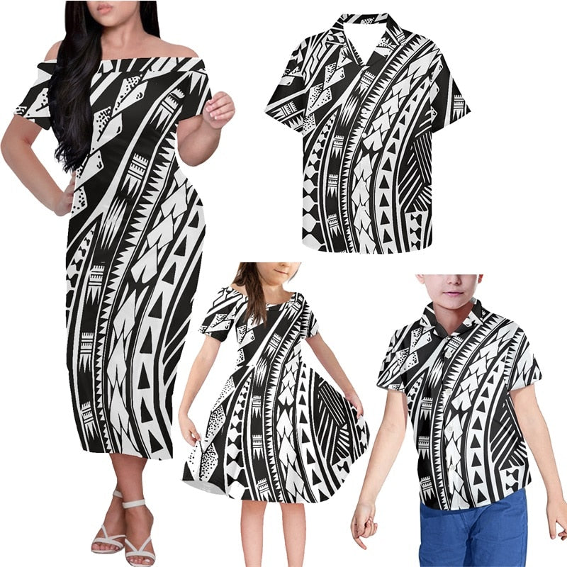 Black And White Polynesian Family Matching Outfits Hawaii Polynesian Tribal Off Shoulder Long Sleeve Dress And Shirt - Polynesian Pride