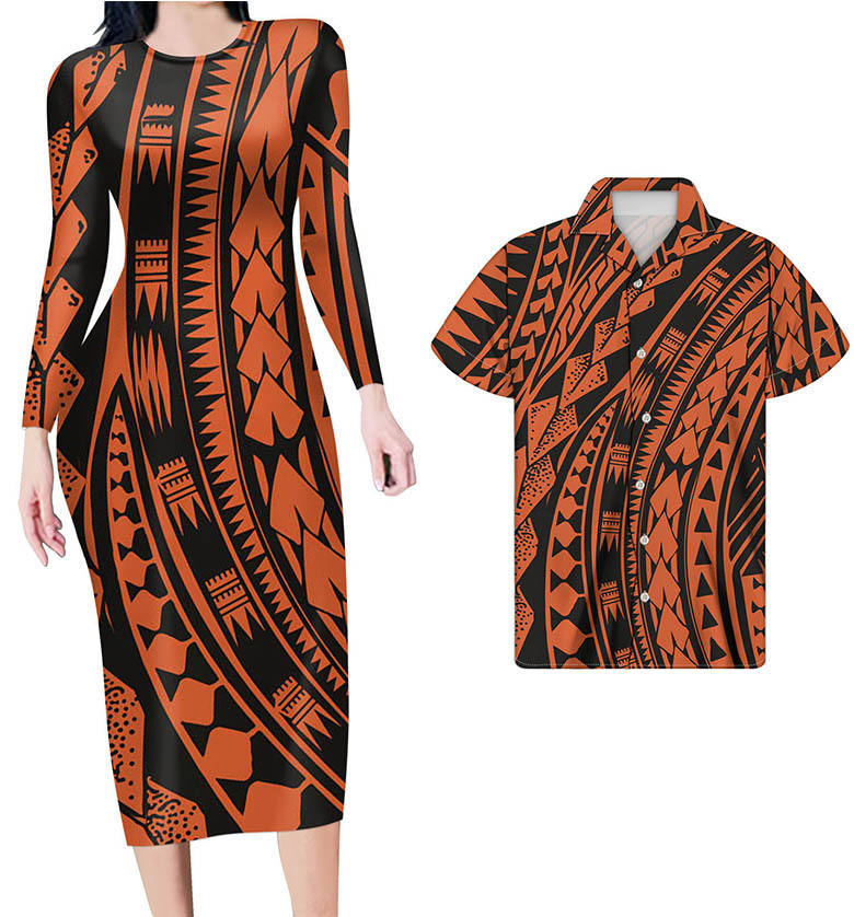 Polynesian Pride Matching Hawaiian Clothes For Couples Polynesian Tribal Orange Black Bodycon Dress And Hawaii Shirt - Polynesian Pride