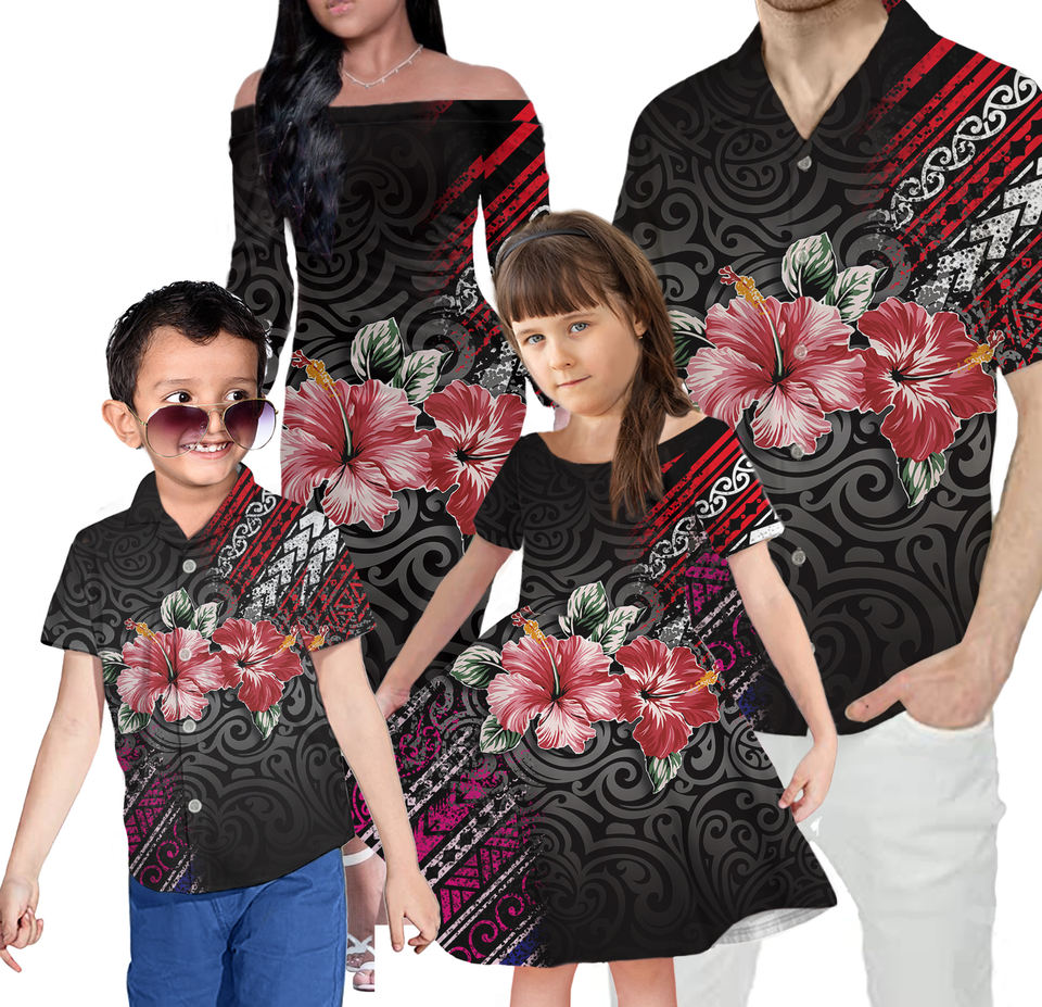 Hibiscus Hawaii Floral Polynesian Tribal Matching Clothes For Family Off Shoulder Long Sleeve Dress And Shirt - Polynesian Pride