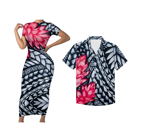 Polynesian Pride Matching Tropical Couple Outfits Polynesian Tribal Hawaii Flower Bodycon Dress And Hawaii Shirt - Polynesian Pride