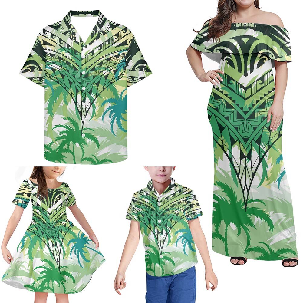 Polynesian Family Set Matching Outfit Hawaii Polynesian Tribal Off Shoulder Long Sleeve Dress And Shirt - Polynesian Pride