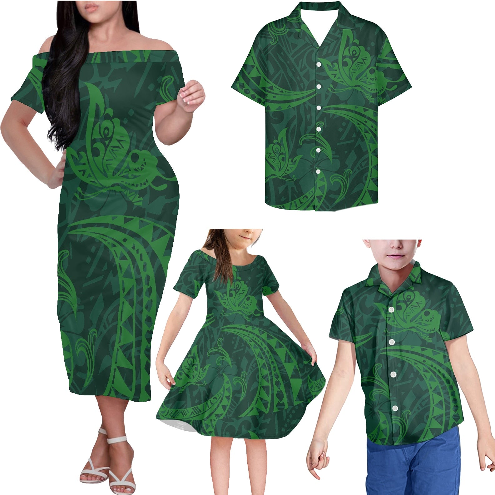 Hawaiian Family Matching Outfit Polynesian Tribal Green Off Shoulder Long Sleeve Dress And Shirt Family Set - Polynesian Pride