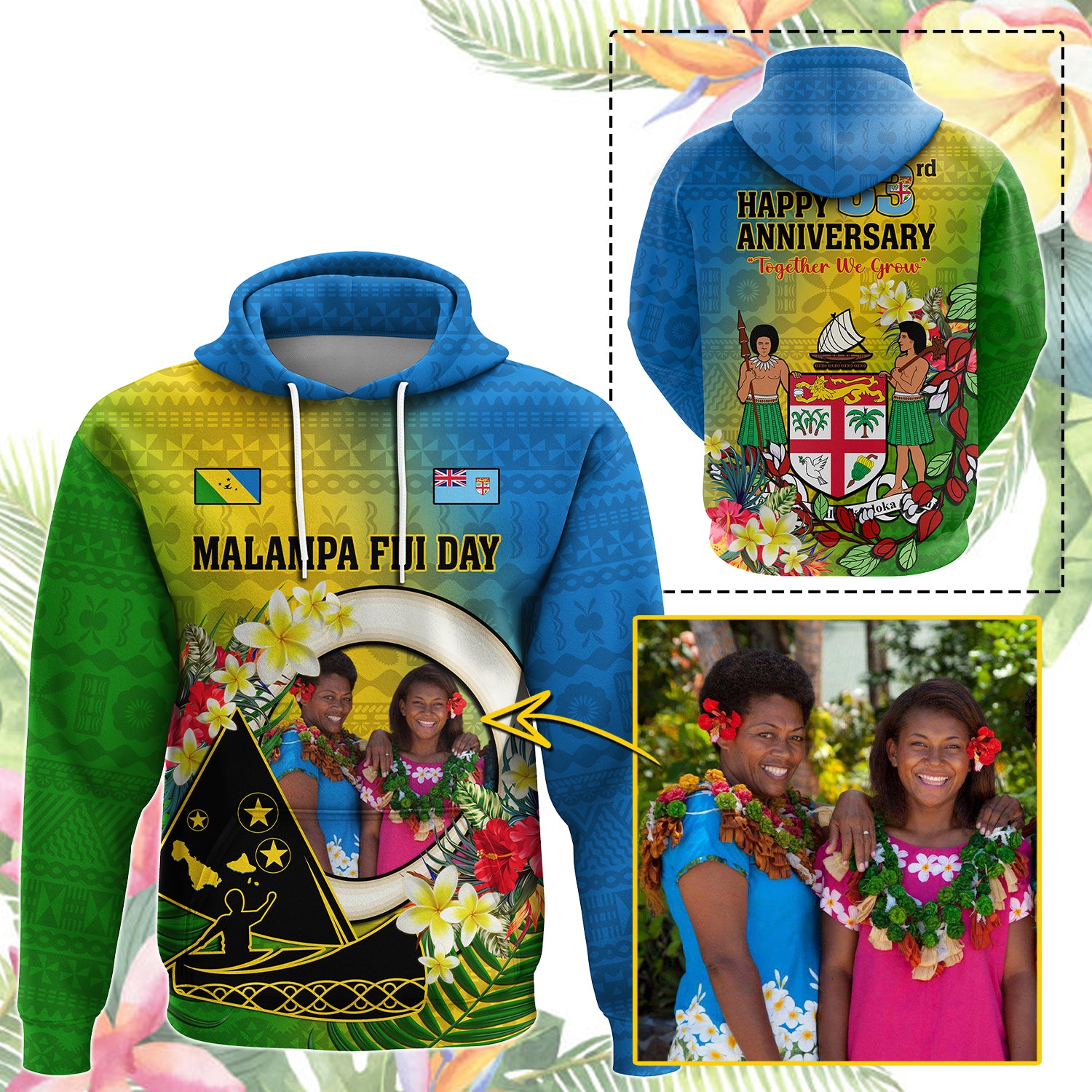 Custom Photo Malampa Fiji Day Hoodie Together We Grow Coat Of Arms Tropical Flowers CTM14 Pullover Hoodie - Polynesian Pride