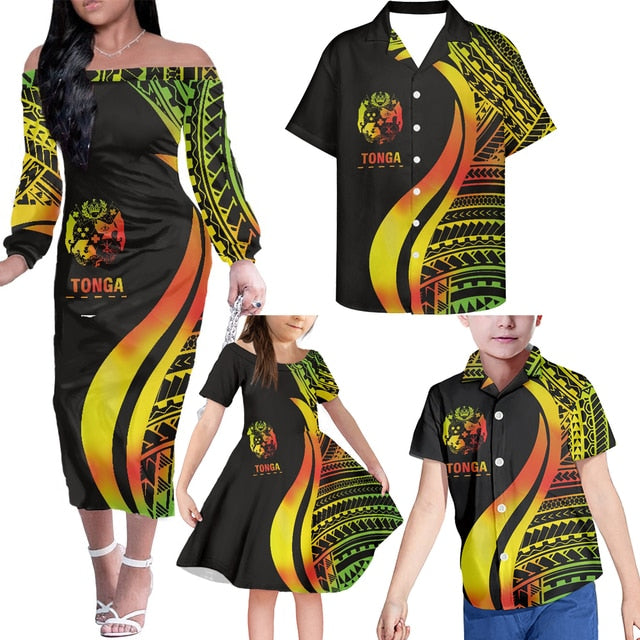 Tonga Family Matching Outfits Polynesian Tribal Curve Style Off Shoulder Long Sleeve Dress And Shirt Family Set Clothes - Polynesian Pride