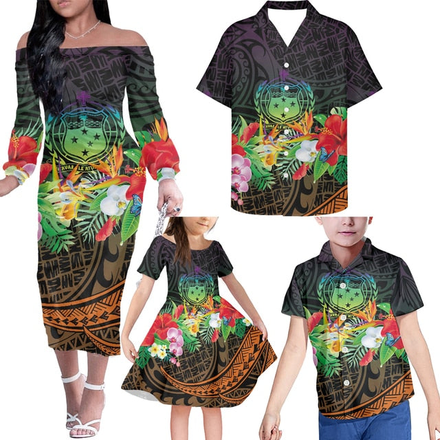 Samoa Family Matching Outfits Hawaii Flowers Off Shoulder Long Sleeve Dress And Shirt Family Set Clothes - Polynesian Pride