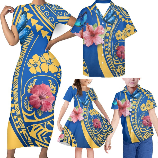 Hawaii Family Matching Outfits Hibiscus Flower Polynesian Tribal Bodycon Dress And Hawaii Shirt - Polynesian Pride