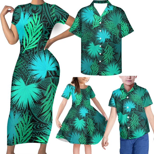 Family Matching Outfits Hawaii Tropical Polynesian Tribal Bodycon Dress And Hawaii Shirt - Polynesian Pride