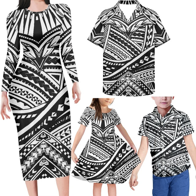 Black And White Matching Clothes For Family Hawaii Polynesian Tribal Pattern Bodycon Dress And Hawaii Shirt - Polynesian Pride