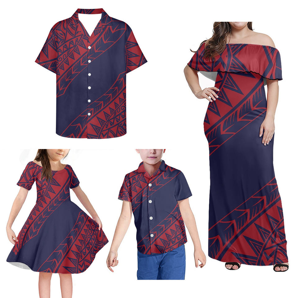 Blue Polynesian Matching Clothes For Family Polynesian Tribal Off Shoulder Long Sleeve Dress And Shirt - Polynesian Pride