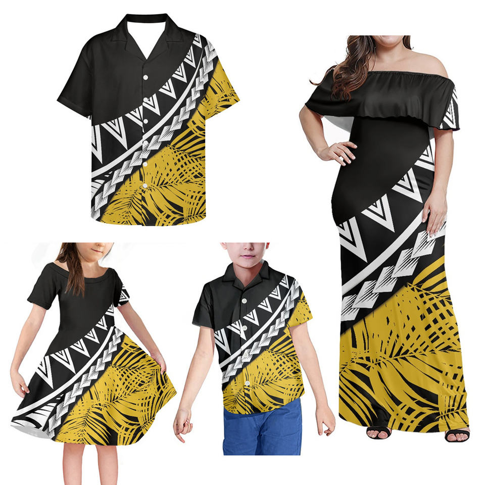 Polynesian Matching Clothes For Family Yellow And Black Polynesian Tribal Tattoo Pattern Off Shoulder Long Sleeve Dress And Shirt - Polynesian Pride