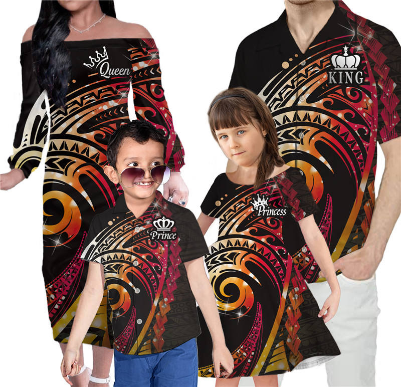 Family Matching Outfits Hawaii Polynesian Tribal King And Queen Style Reggae Off Shoulder Long Sleeve Dress And Shirt - Polynesian Pride