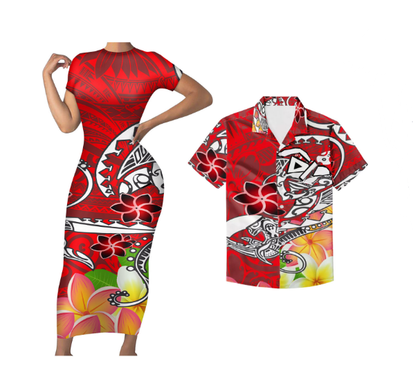 Polynesian Pride Hawaii Couple Outfits Hawaii Plumeria Polynesian Pattern Red Bodycon Dress And Hawaii Shirt - Polynesian Pride