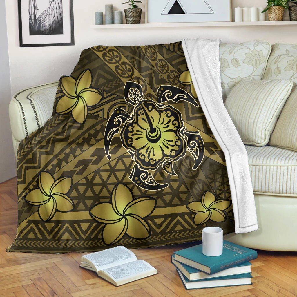 Hawaii Mix Polynesian Turtle Plumeria Premium Blankets Yellow White - Polynesian Pride